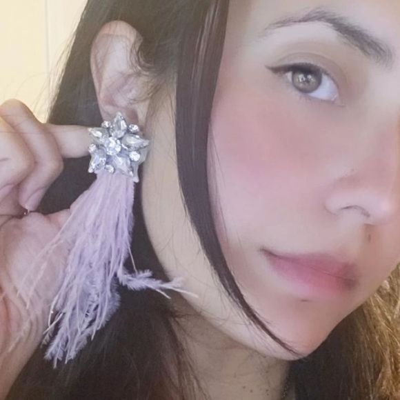 Handmade statement?earrings crystals and feather gray and pink - Picture 5 of 5